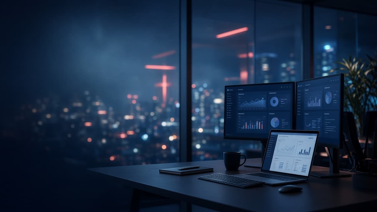 Modern software studio workspace with product dashboards